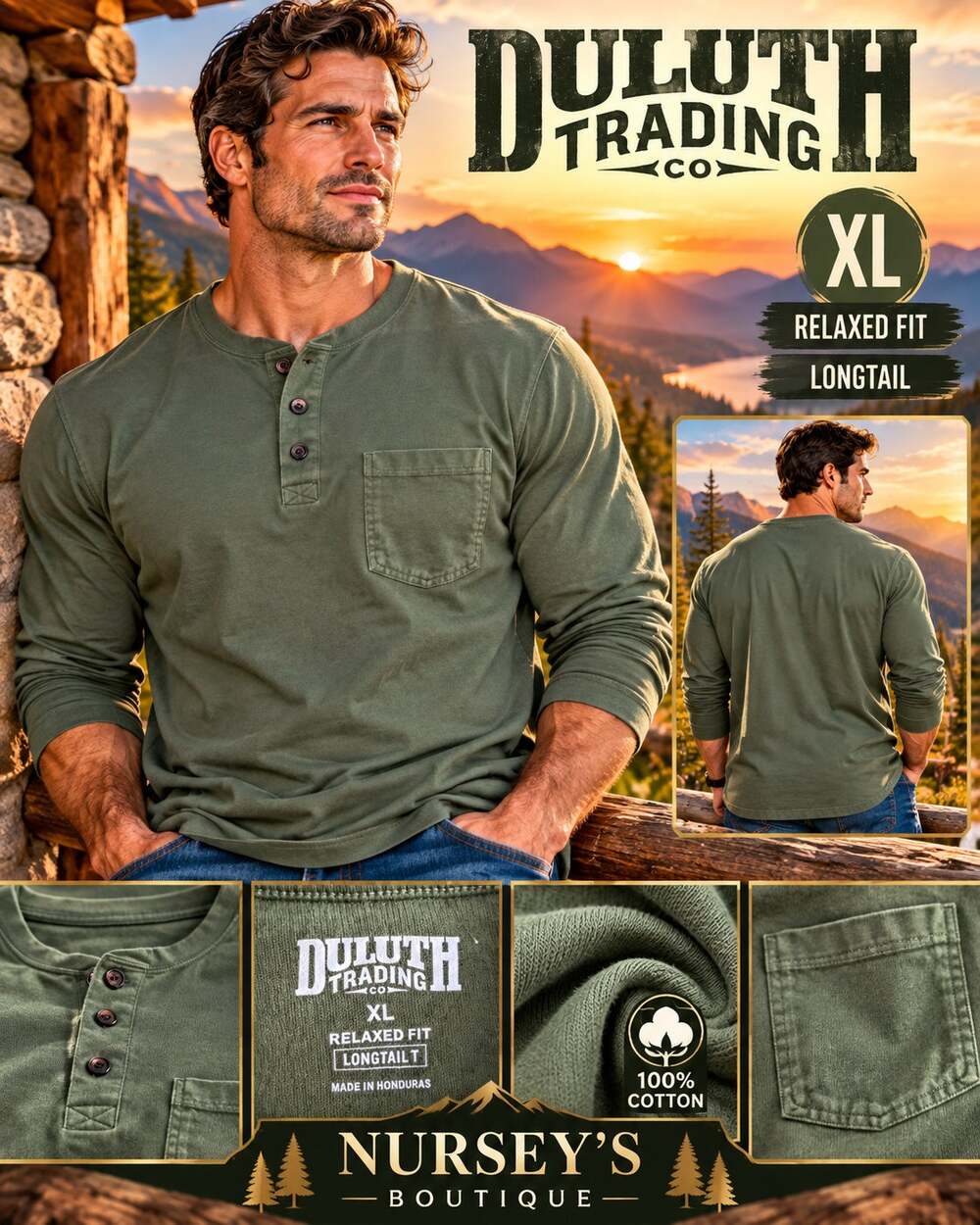 Duluth Trading Co Mens XL Olive Green Longtail T Henley Pocket Shirt Cotton